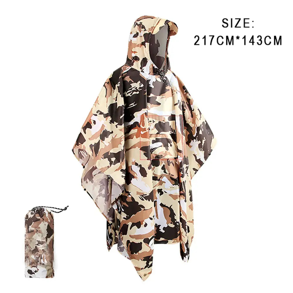 Camouflage-patterned rain poncho with a matching storage pouch.