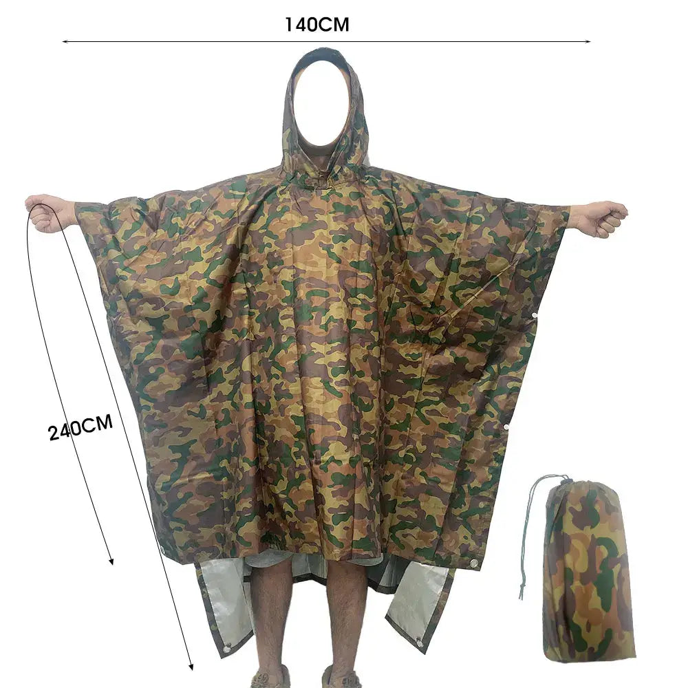 Camouflage poncho-style rain cover with attached hood and carrying pouch.