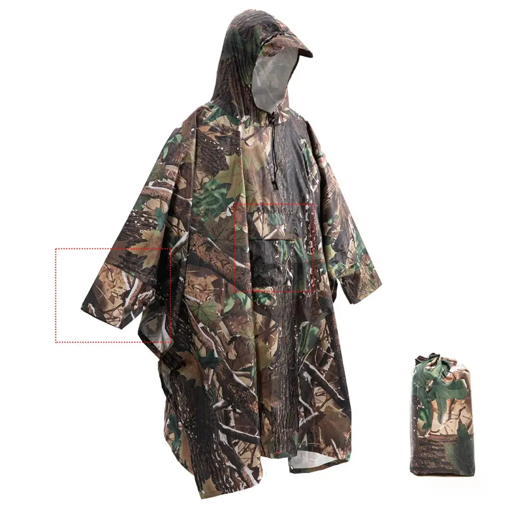 Camouflage poncho or rain jacket with a matching storage pouch.