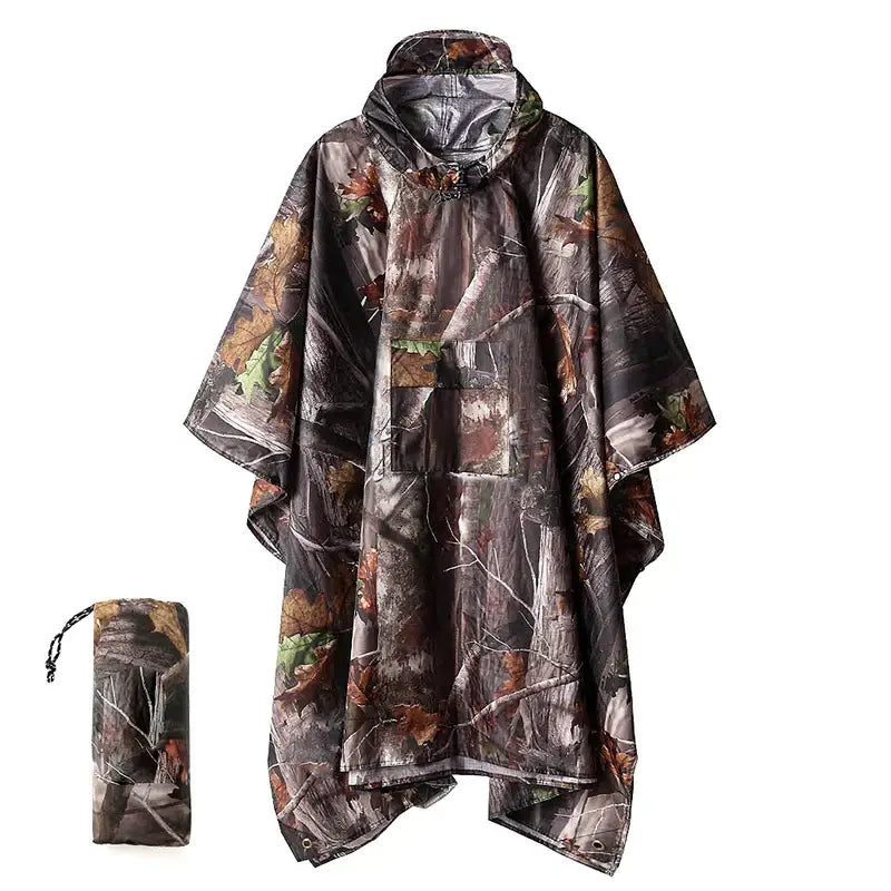 Camouflage poncho with a matching storage pouch.