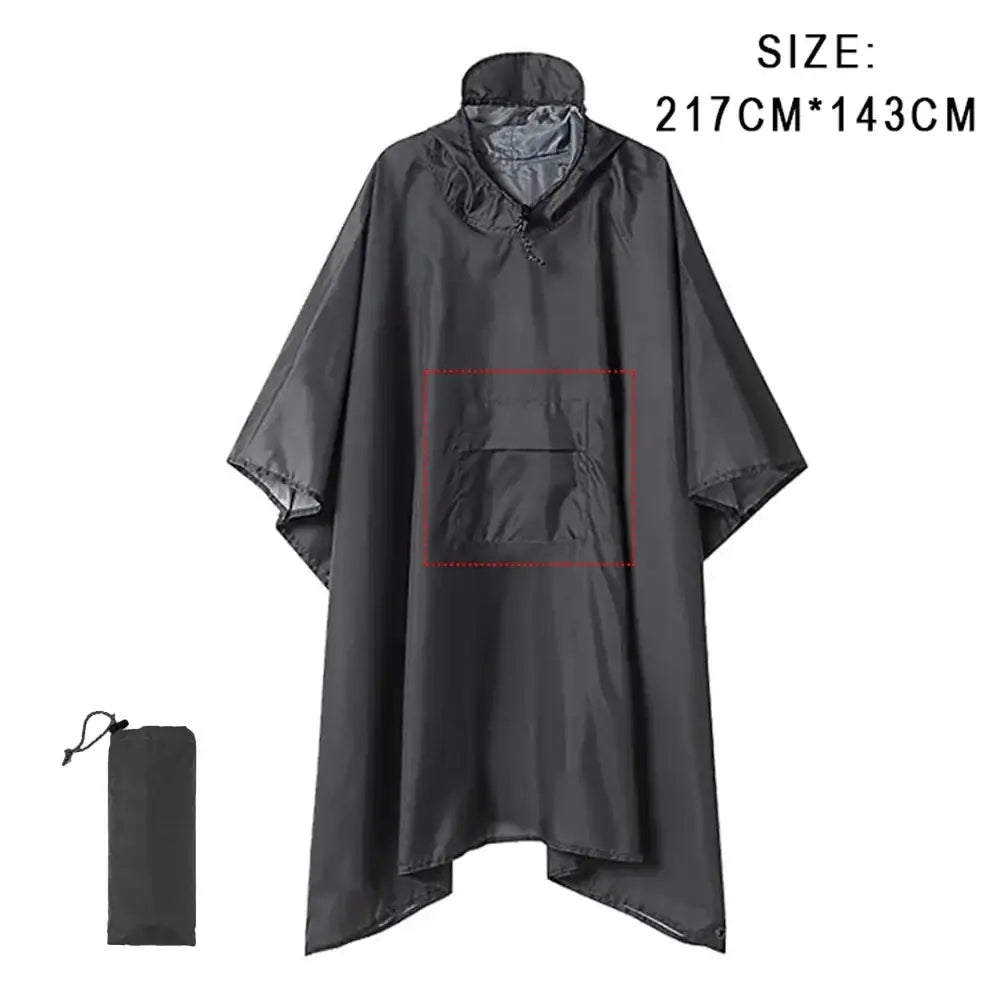 Dark gray rain poncho with a front pocket and high collar.