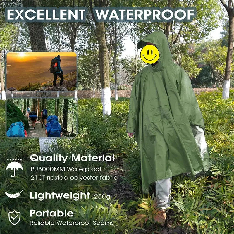 Green waterproof poncho with a hood worn by a person standing outdoors.