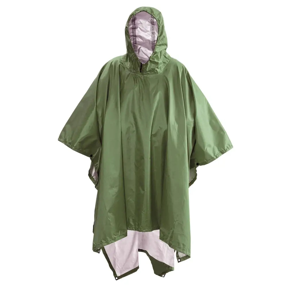 Green waterproof poncho with a hood.