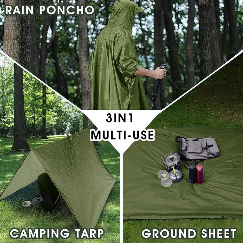 Multi-functional olive green rain poncho that converts into a camping tarp and ground sheet.