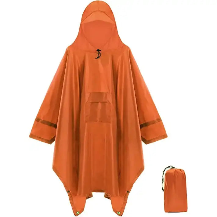 Orange waterproof poncho with attached hood and carrying pouch.