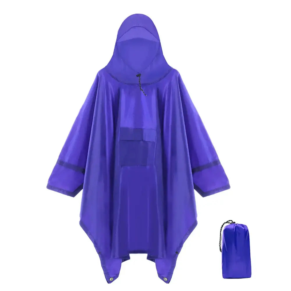 Purple hooded rain poncho with a matching drawstring storage bag.