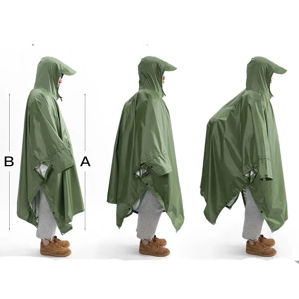 Green hooded rain poncho shown from three side angles.