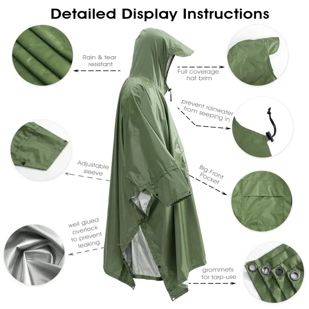 Hooded rain poncho with detailed feature callouts.