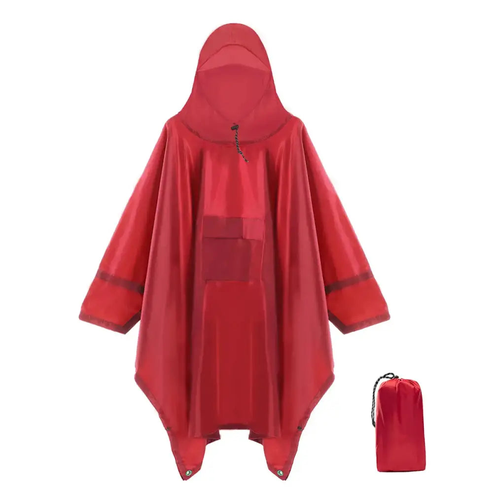 Red hooded rain poncho with a matching storage bag.