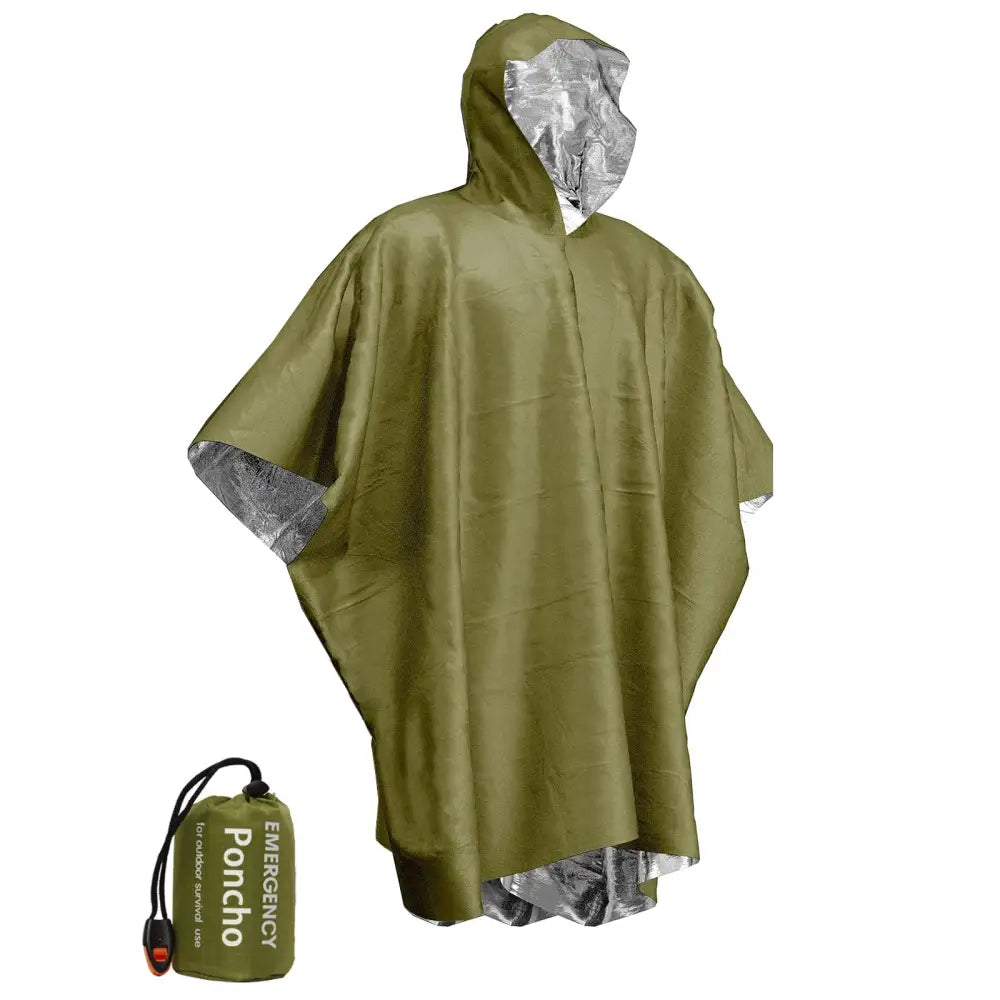 Olive green waterproof poncho with a hood and carrying pouch.