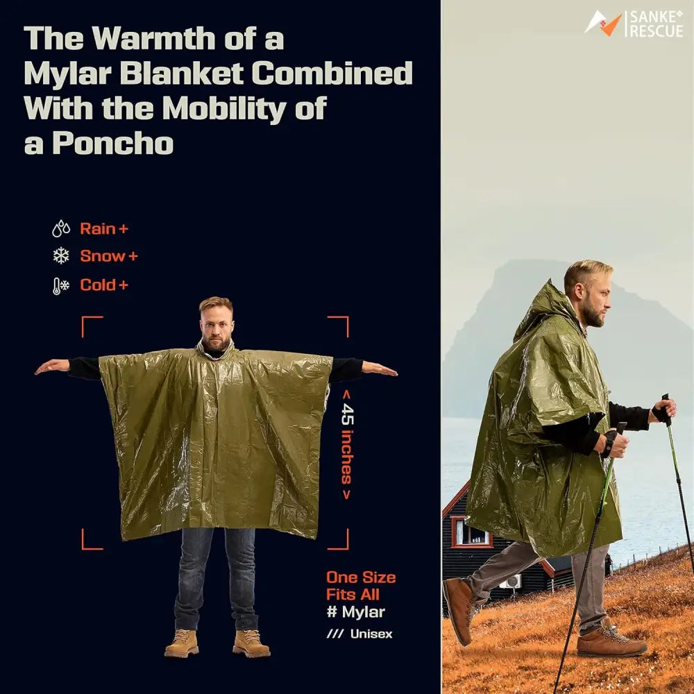 Olive-green poncho-style emergency blanket worn by a person in two different poses.