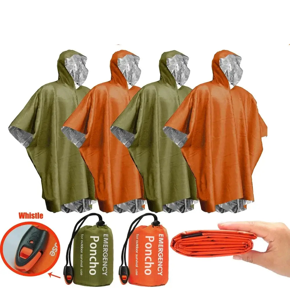 Waterproof ponchos in olive green and orange colors with matching compact storage bags and a safety whistle.