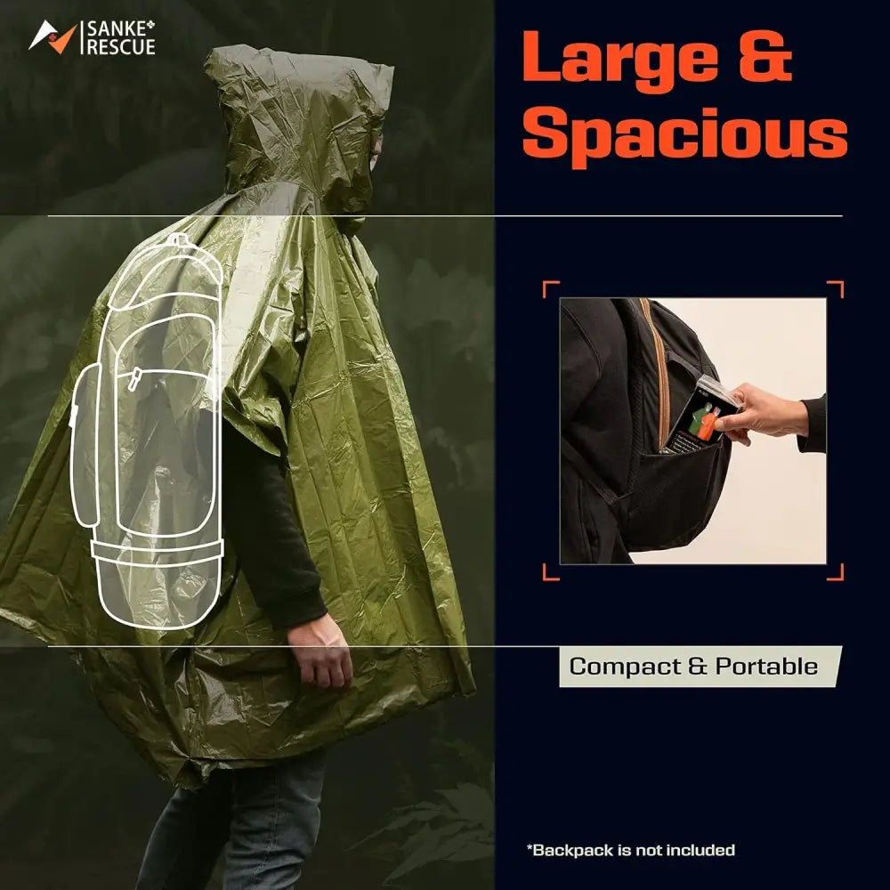 Olive green rain poncho with an integrated transparent backpack cover.