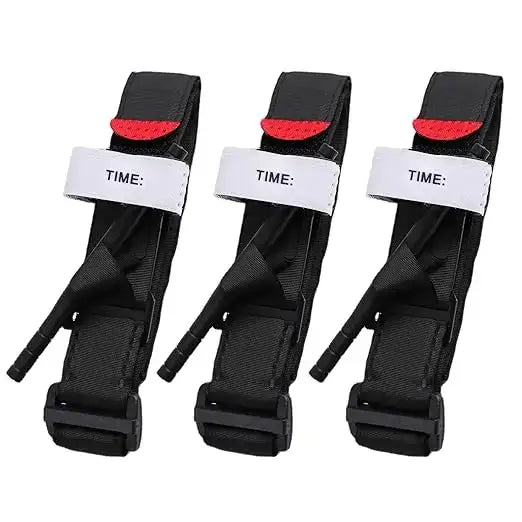 Tourniquet straps with time labels and red accents.