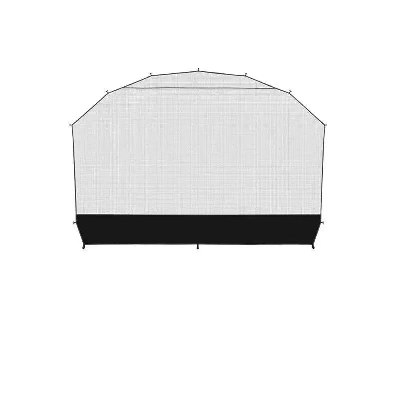 Dome-shaped tent or shelter with a black base and light-colored upper portion.