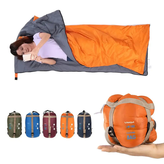 Sleeping bag with a person inside, shown alongside compact sleeping bag options in various colors.