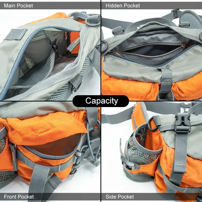 Backpack with multiple compartments and pockets in orange and gray colors.