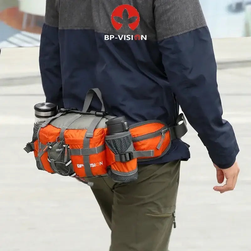 Orange and gray utility belt or tool bag worn around the waist.