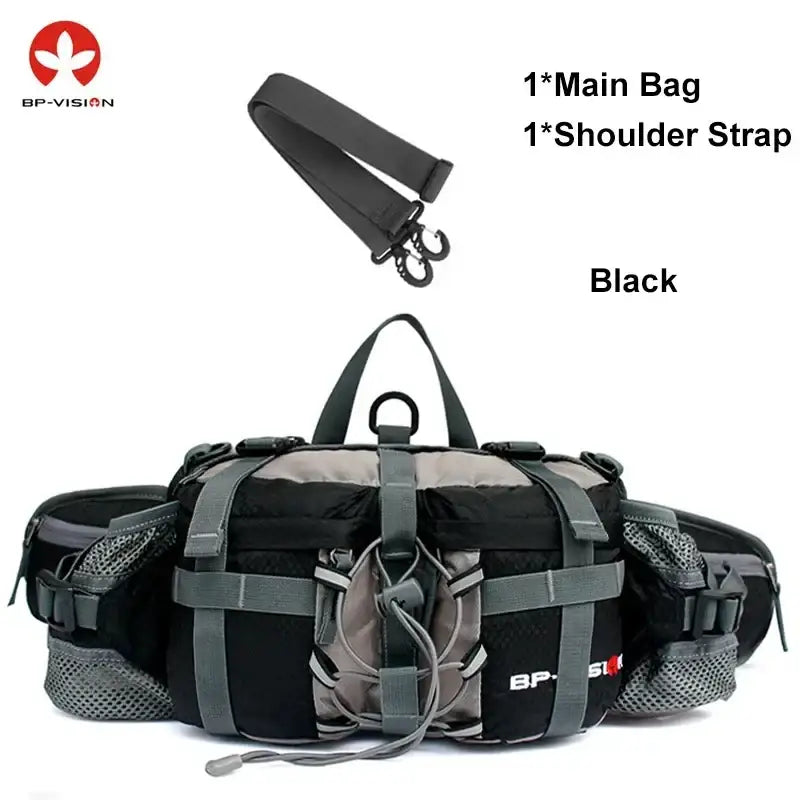 Black and gray waist pack with multiple compartments and straps.