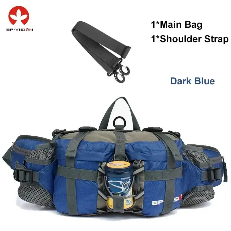 Dark blue waist pack with multiple compartments and a detachable shoulder strap.