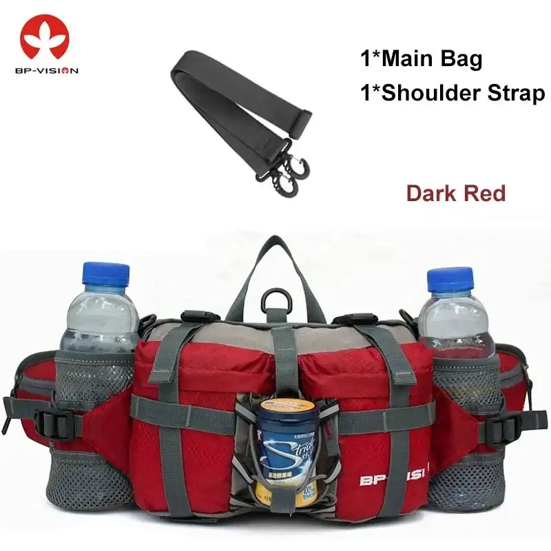 Red waist pack with multiple compartments and bottle holders.