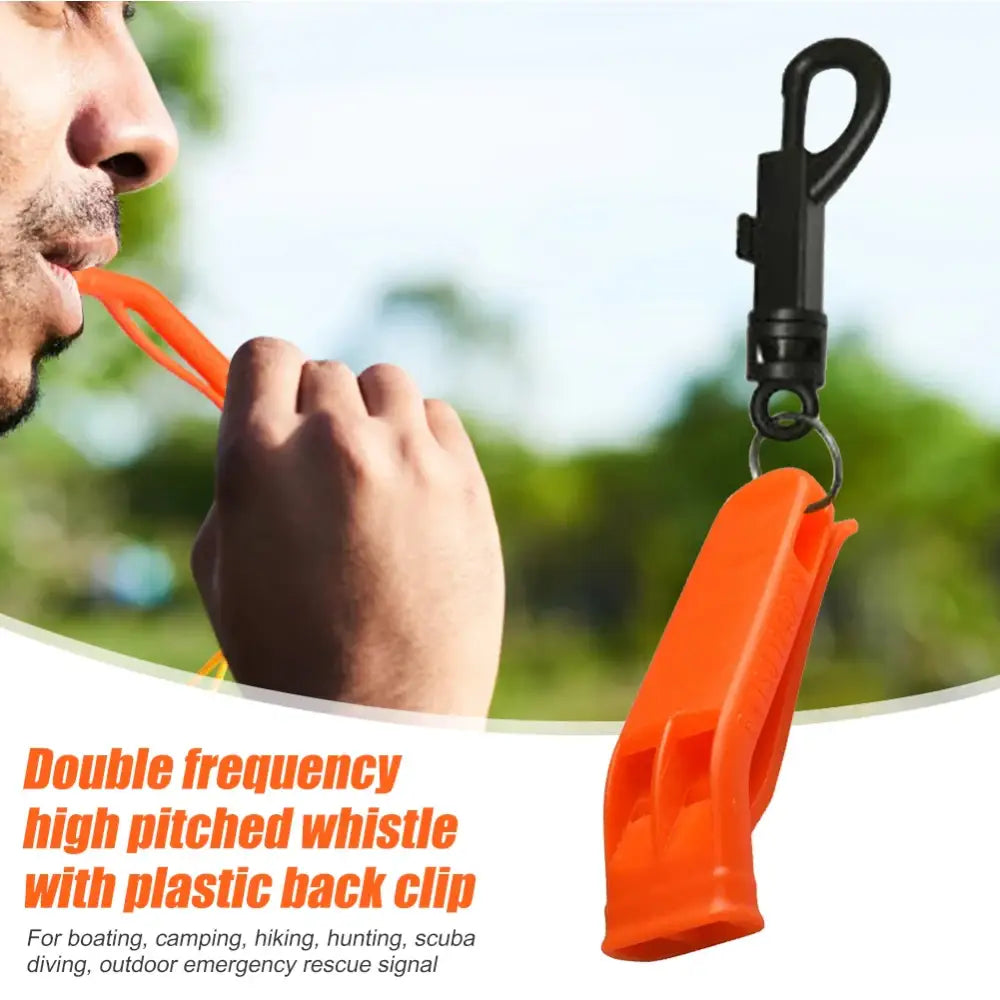 Bright orange emergency whistle with a black clip attachment.