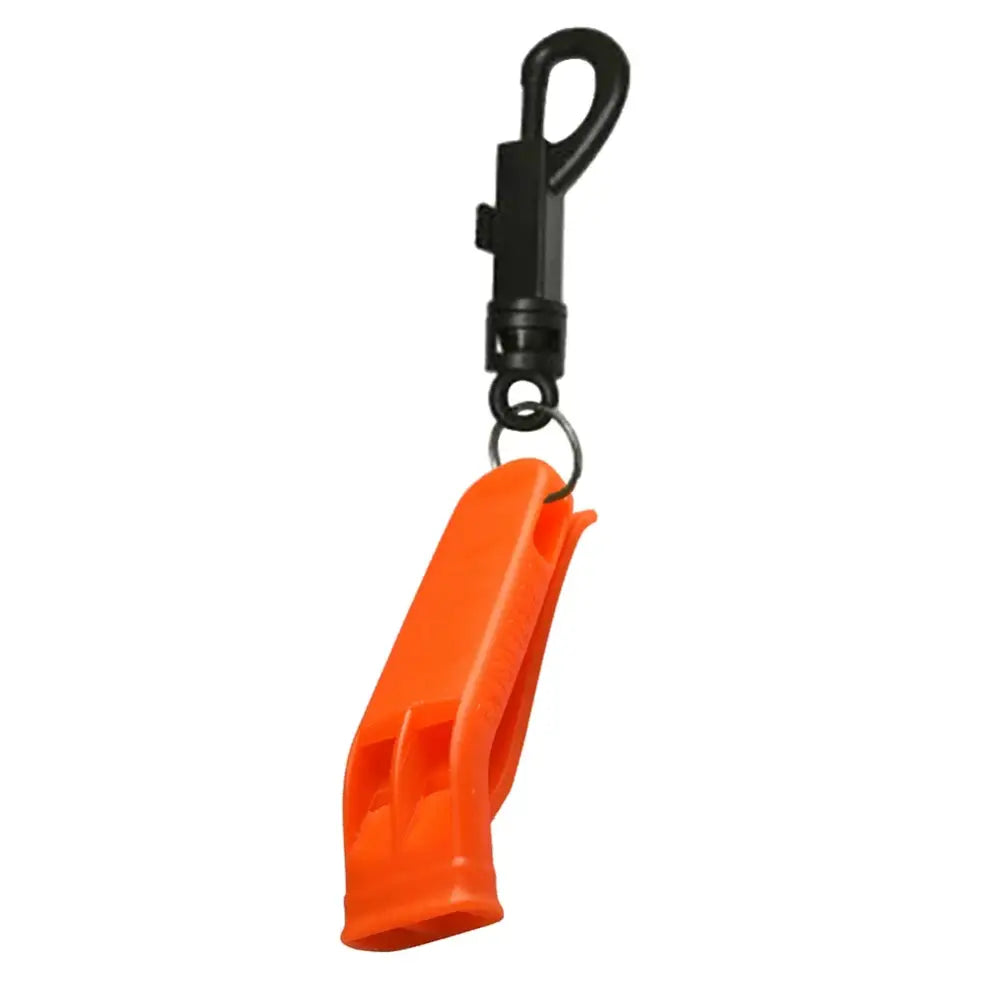 Bright orange plastic whistle attached to a black clip.