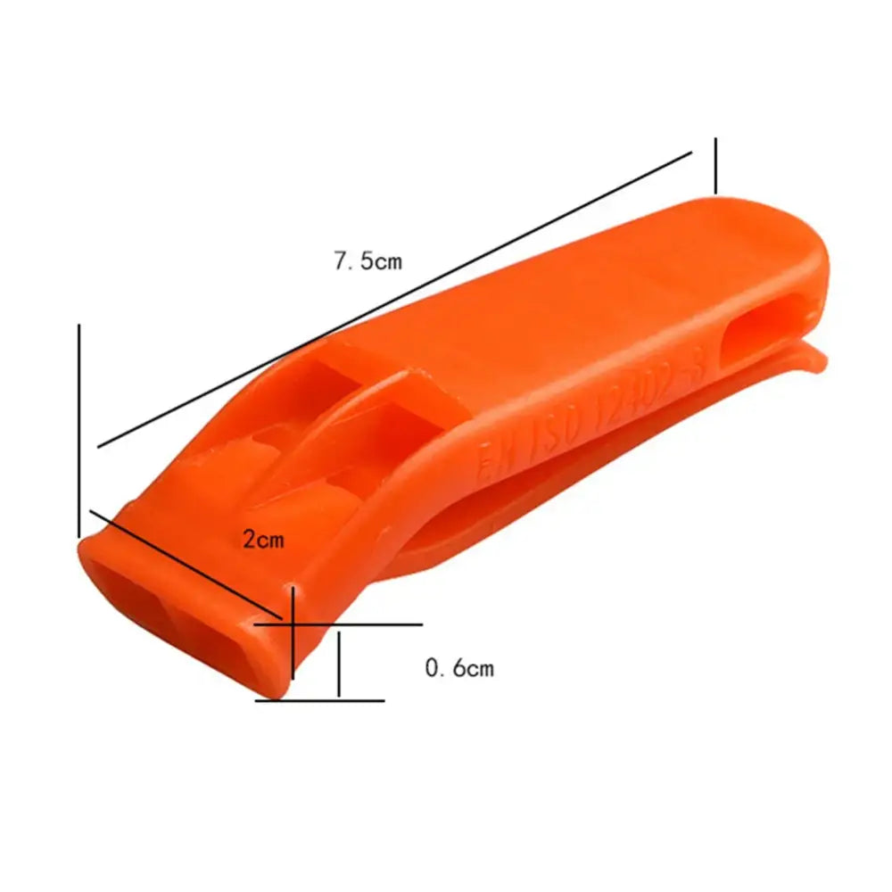 Bright orange plastic whistle with measurements indicated.