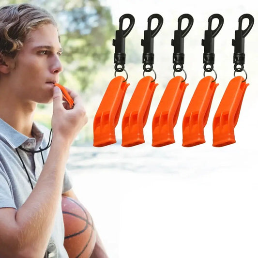 Orange plastic whistle with a black clip attachment.