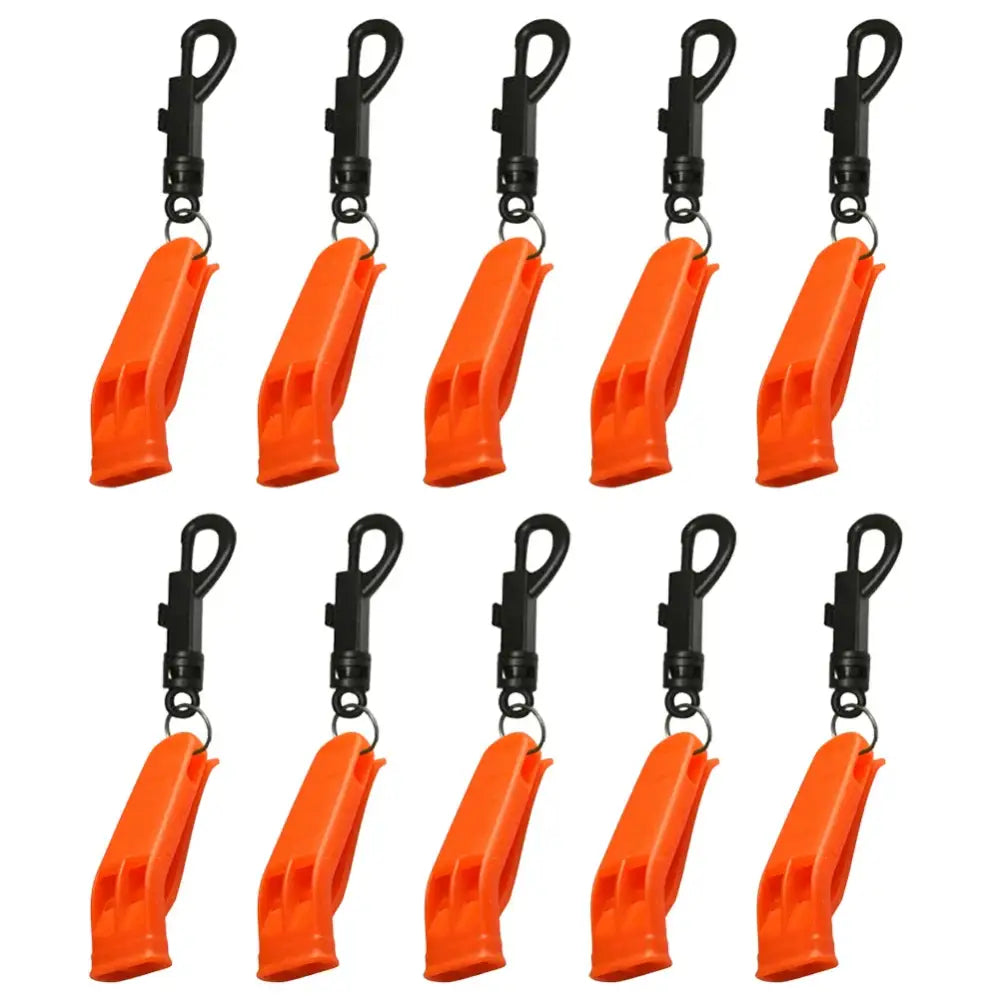 Orange safety whistles with black plastic clips attached.