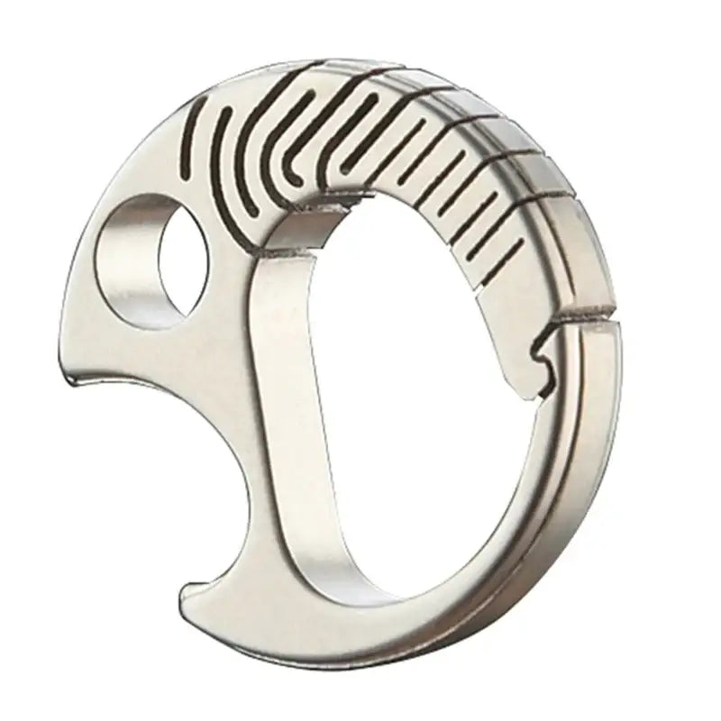 Metallic ring-shaped tool with a curved hook and patterned grip surface.