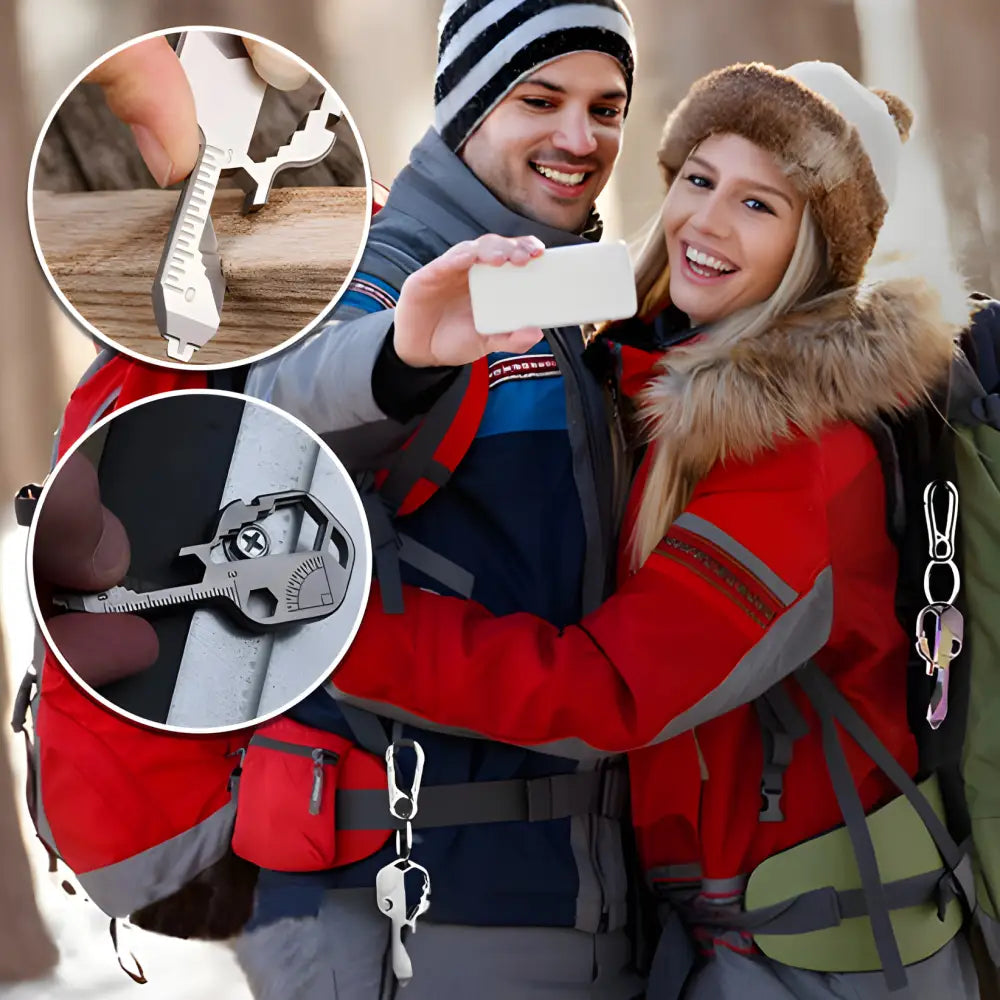 Couple in winter clothing embracing and taking a selfie, with inset images of ice skates and skate blades.