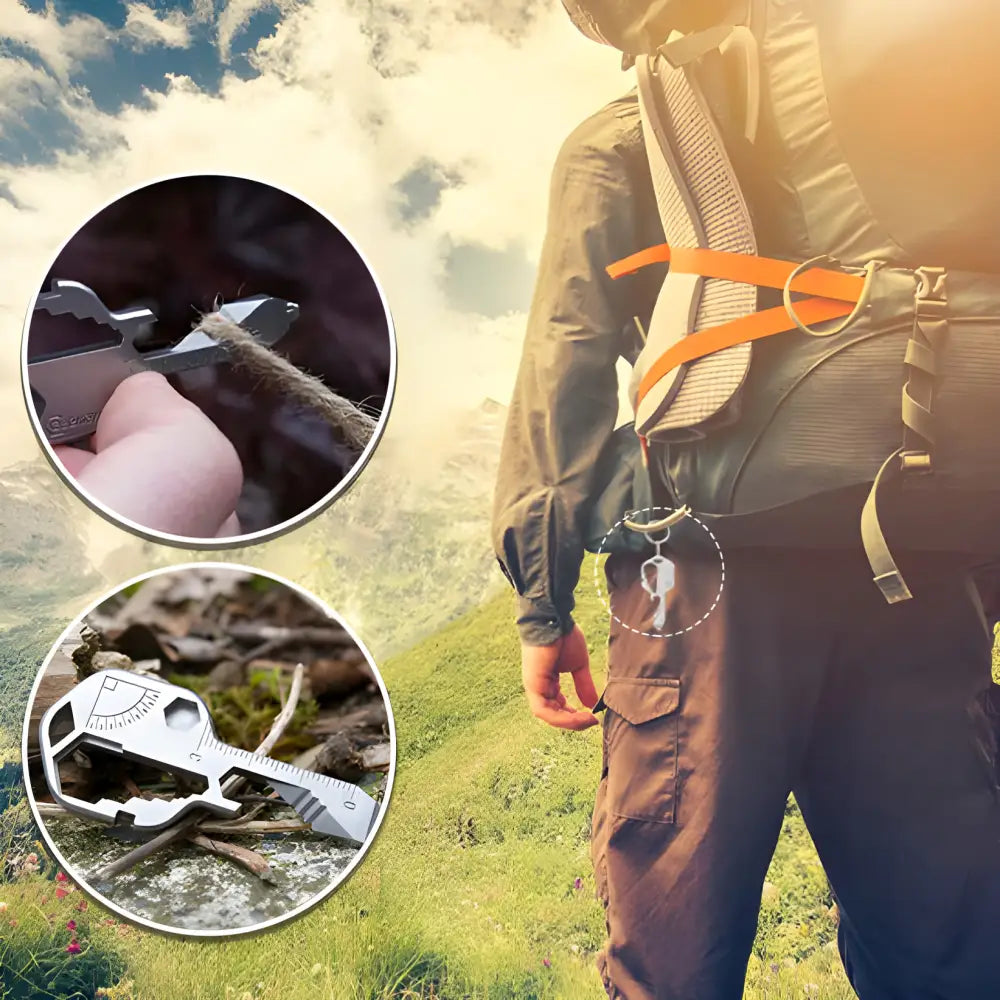 Hiker wearing a backpack on a grassy hillside, with inset circular images showing outdoor survival tools.