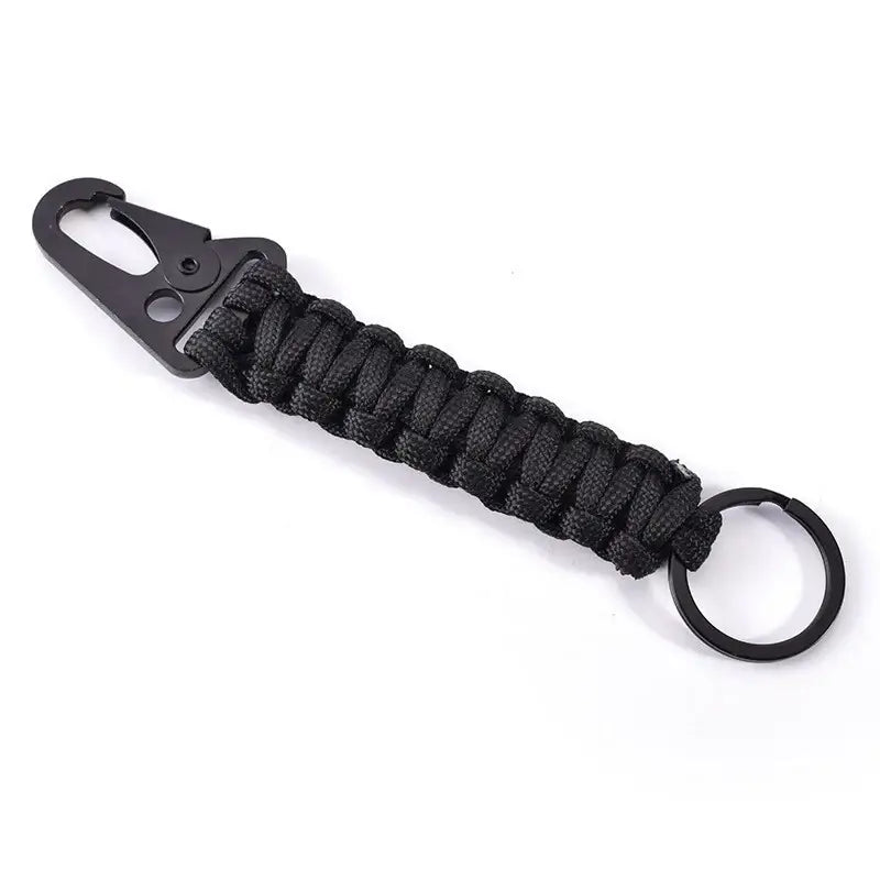 Paracord keychain with a carabiner clip and metal ring.