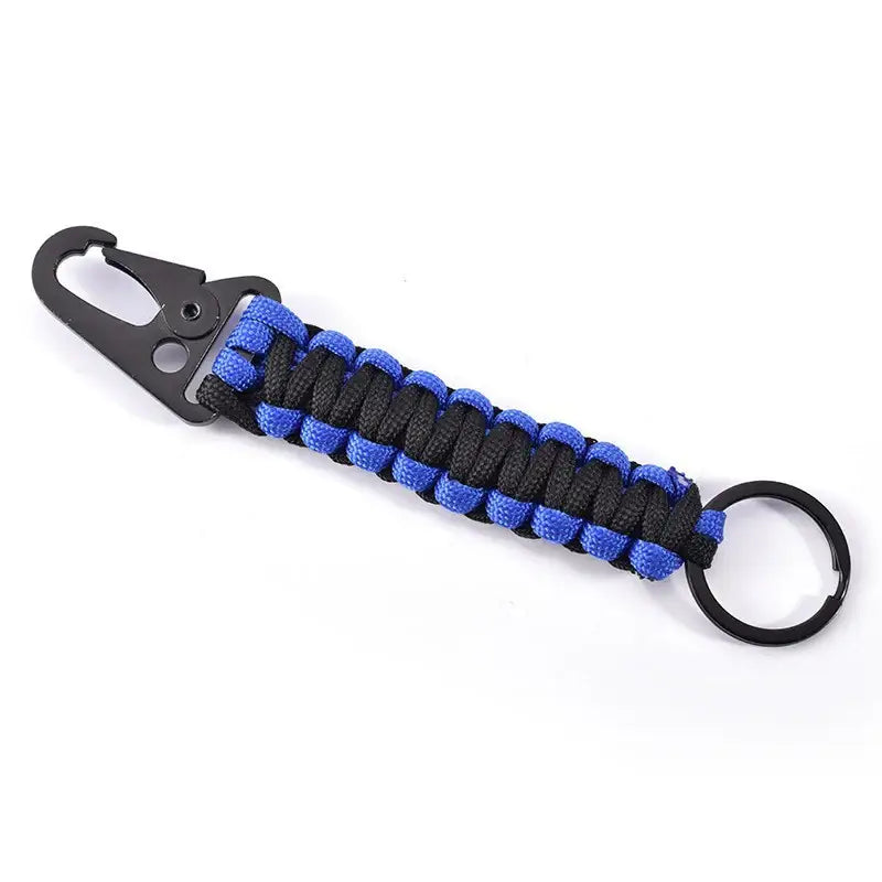 Paracord keychain with a carabiner clip in black and blue colors.