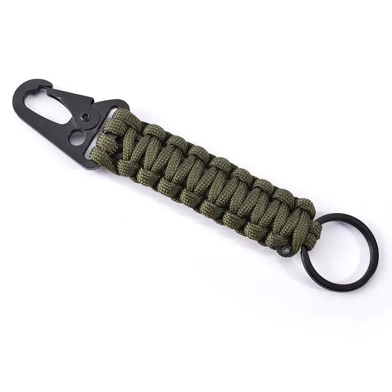 Paracord keychain with a carabiner clip and metal ring.