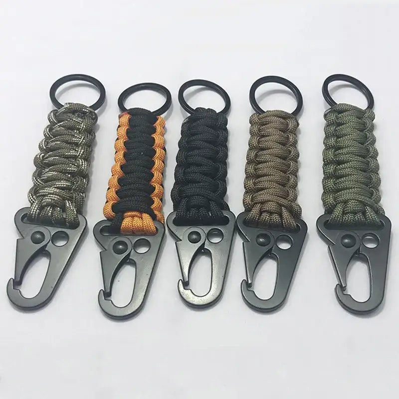 Paracord keychains with carabiner-style clips in various colors.