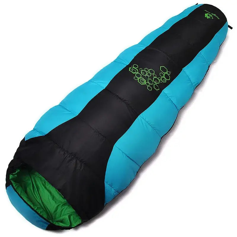 Sleeping bag with black, blue, and green color scheme featuring a paw print design.