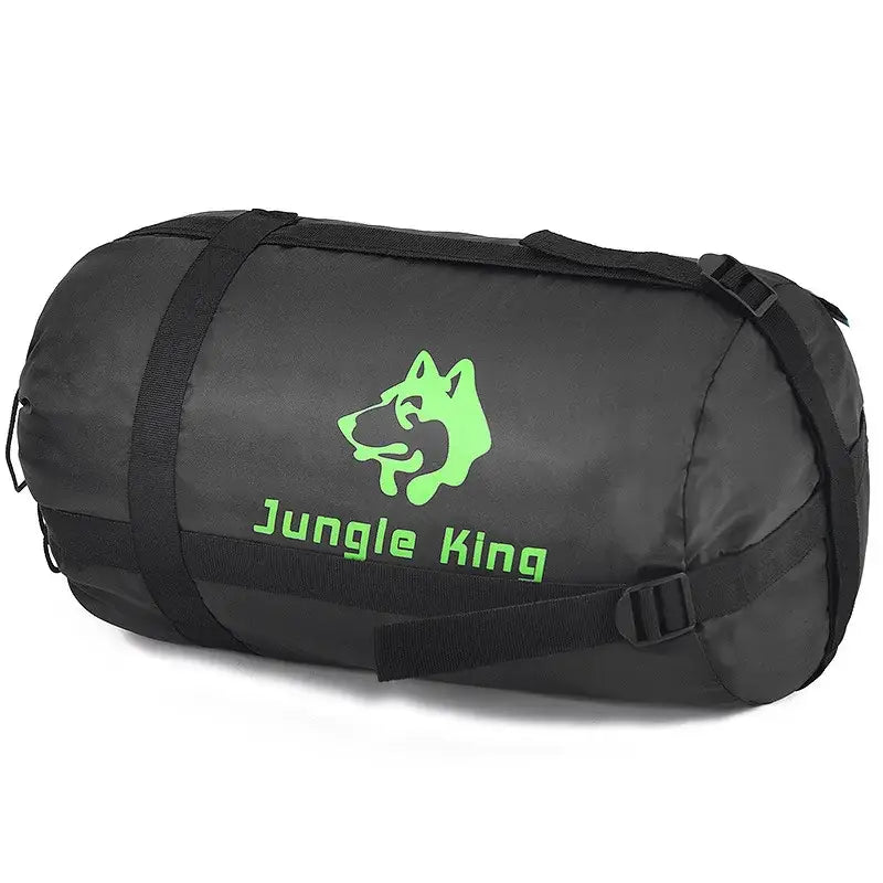 Black duffel bag with a green ’Jungle King’ logo featuring a wolf or dog head.