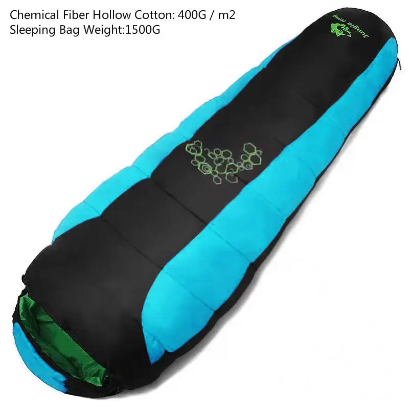 Mummy-style sleeping bag with black, blue, and green color scheme.