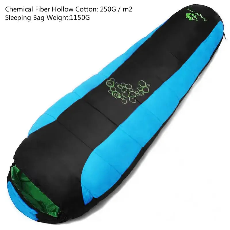 Mummy-style sleeping bag with black and blue color scheme and green accents.