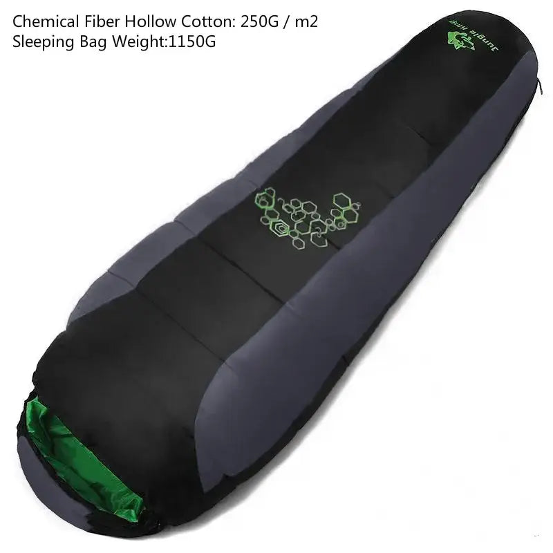 Mummy-style sleeping bag with black exterior and green accents.