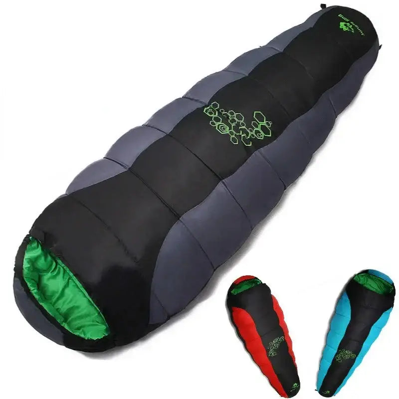 Mummy-style sleeping bag with black and gray exterior and green interior lining.