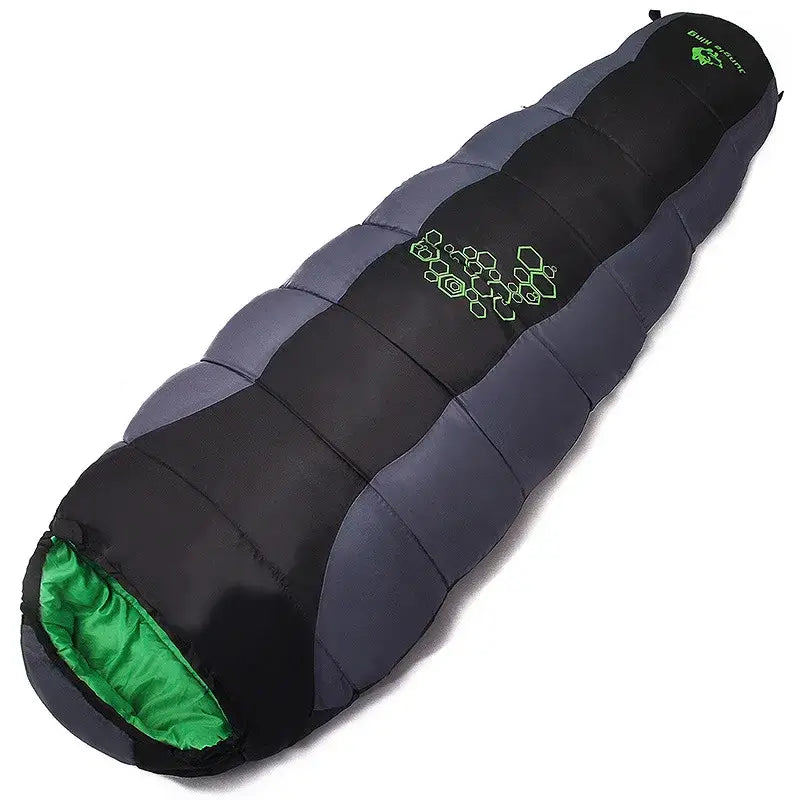 Mummy-style sleeping bag with black and gray exterior and green interior lining.