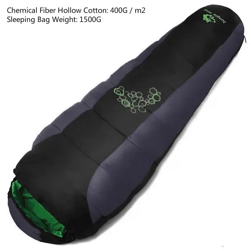 Mummy-style sleeping bag with black and gray coloring and green accents.