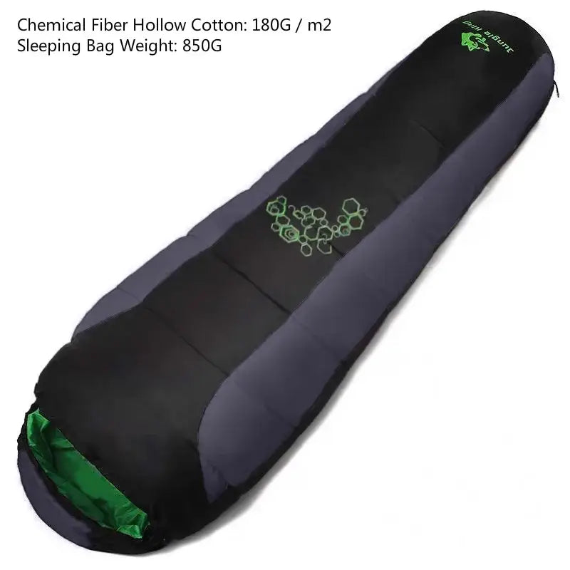 Mummy-style sleeping bag with black and gray exterior and green accents.