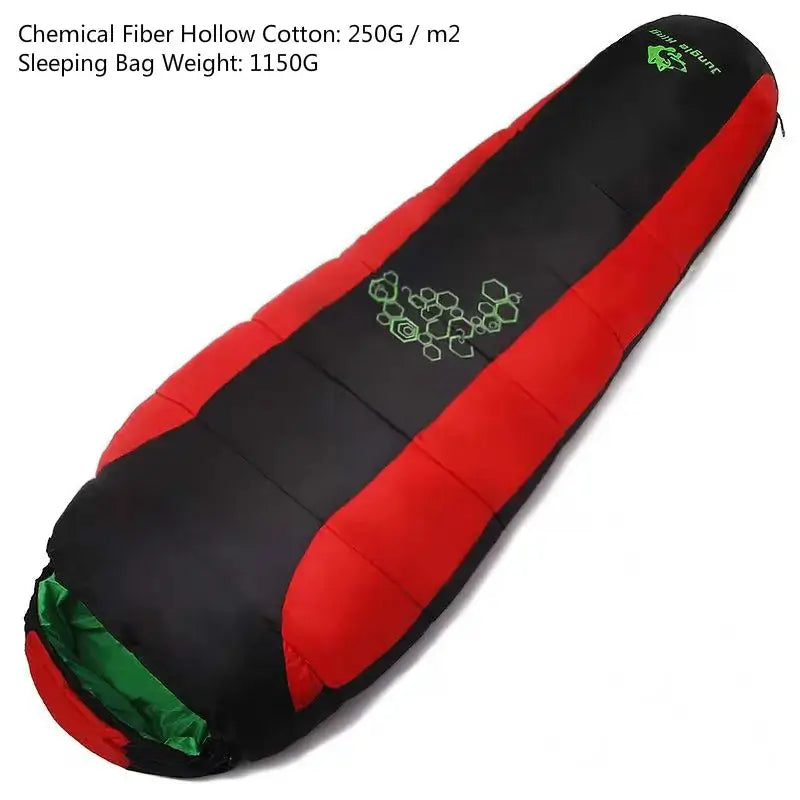 Mummy-style sleeping bag with red and black color blocks and green accents.