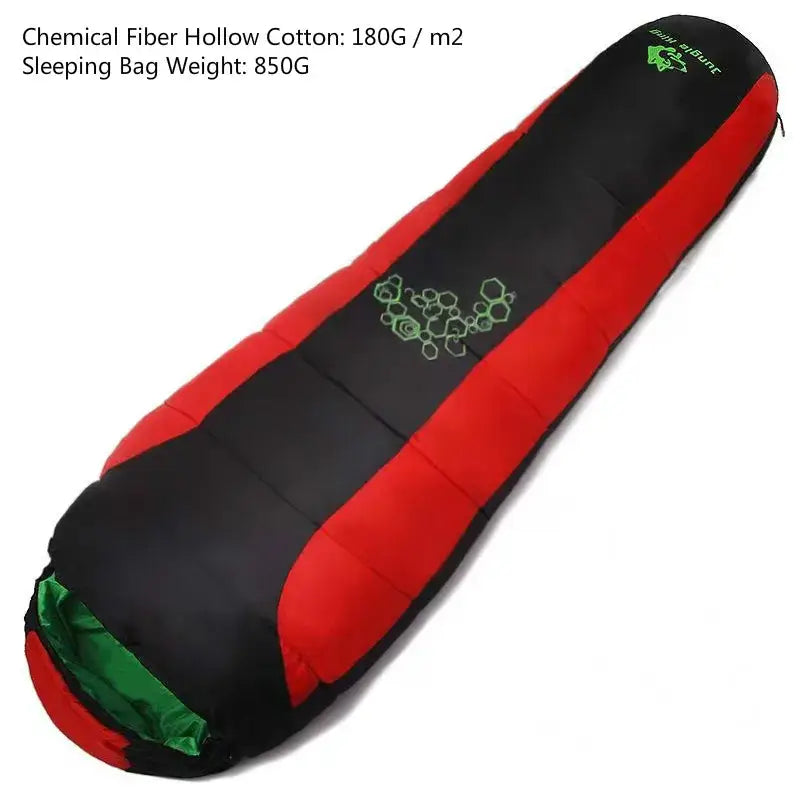 Red and black mummy-style sleeping bag with green accents and a hexagonal pattern design.