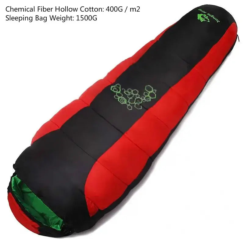 Red and black mummy-style sleeping bag with green accents and floral design.