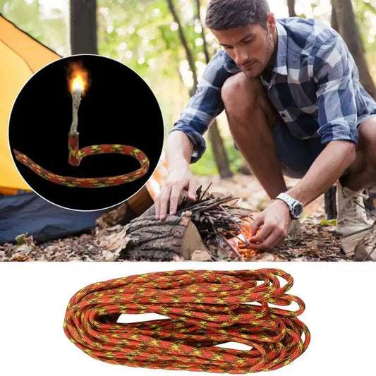 Rope-like fire starter with a flammable core for outdoor use.